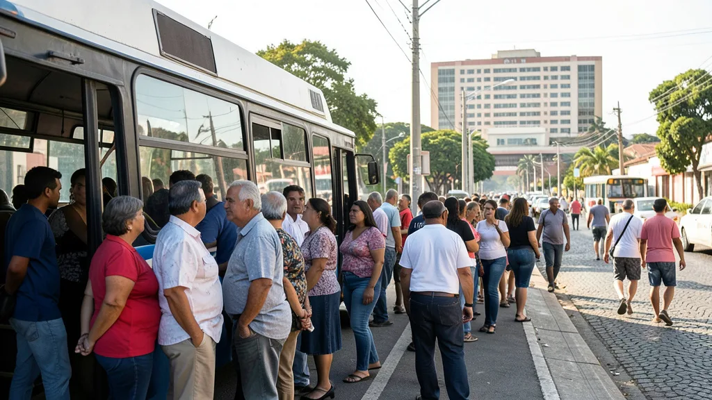 Imagem gerada por IA: Eleitores aguardam ônibus em um ponto movimentado de Salvador.