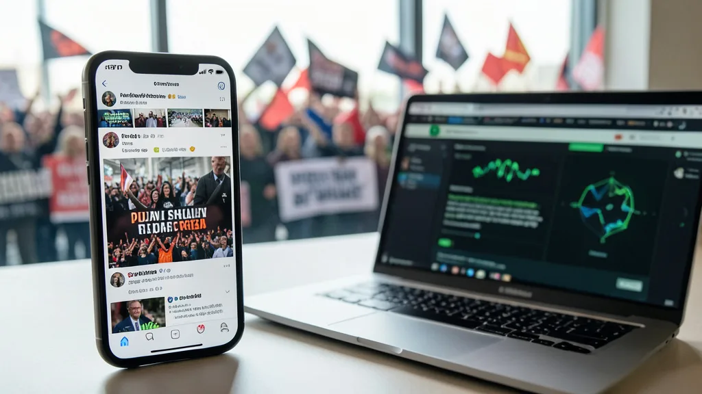 Imagem gerada por IA: Celular com feed de rede social ao lado de um computador com página genérica de criptomoeda.