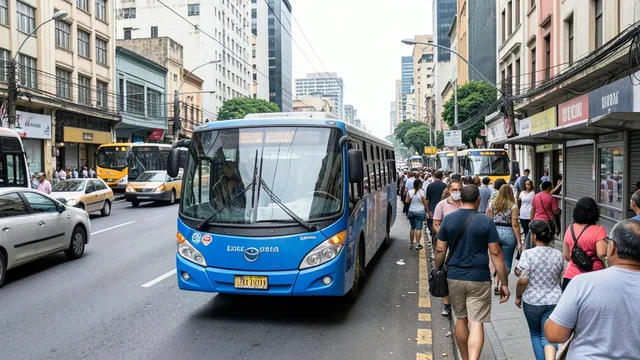 Imagem gerada por IA: Ônibus circula por uma avenida movimentada de São Paulo no dia da votação.