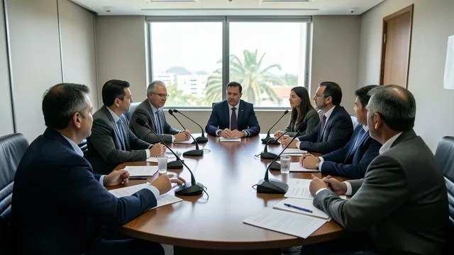 A equipe de uma campanha política reúne-se em uma sala de hotel para discutir estratégias eleitorais.