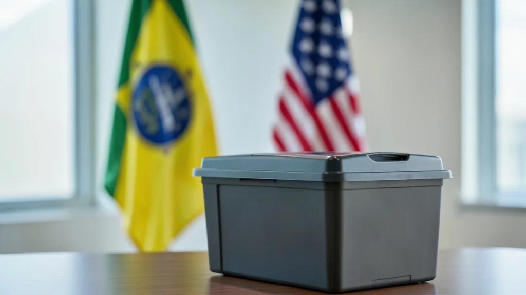 Imagem gerada por IA: Urna eletrônica brasileira em primeiro plano, com as bandeiras do Brasil e dos Estados Unidos ao fundo.