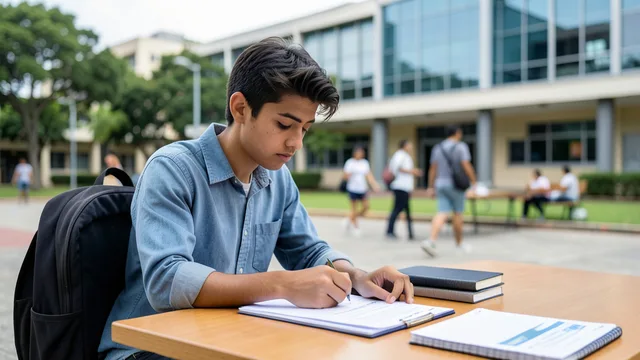 Imagem gerada por IA: Estudante analisa documentos de bolsas em uma mesa no campus universitário.