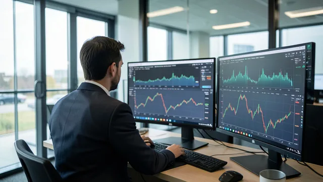 Analista observa telas com gráficos abstratos em um escritório de investimentos.