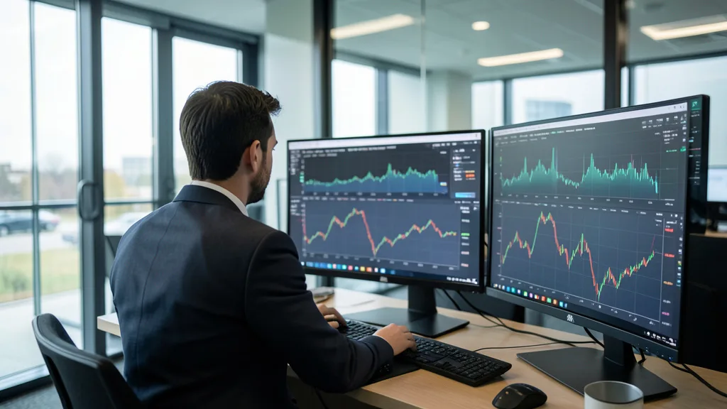 Analista observa telas com gráficos abstratos em um escritório de investimentos.