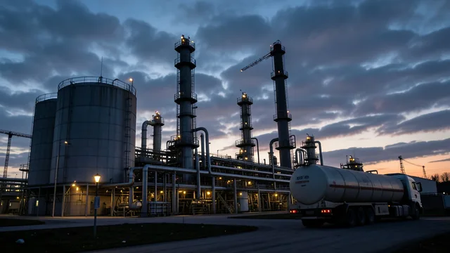 Refinaria de petróleo ao entardecer, com tanques e caminhão-tanque diante das instalações.