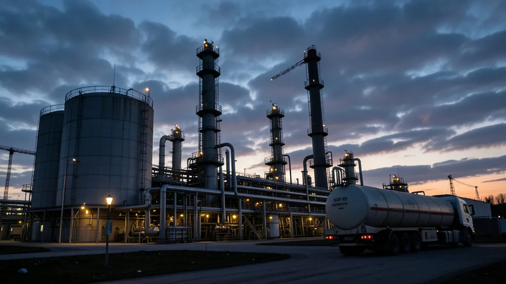 Refinaria de petróleo ao entardecer, com tanques e caminhão-tanque diante das instalações.