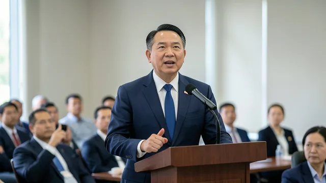 Imagem gerada por IA: Qiu Xiaoqi fala em um evento sobre as relações entre China e América Latina.