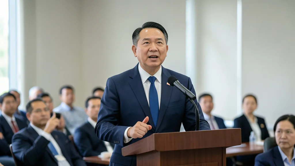 Imagem gerada por IA: Qiu Xiaoqi fala em um evento sobre as relações entre China e América Latina.