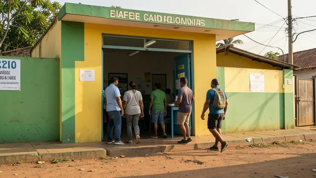 Imagem gerada por IA: Eleitores genéricos caminham em direção a um local de votação na Bahia.