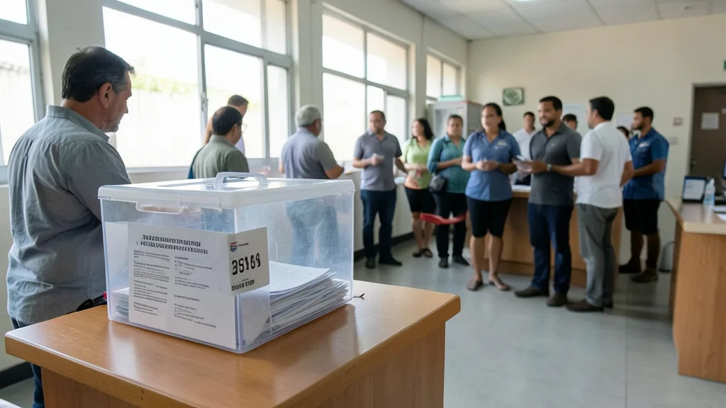 Imagem gerada por IA: Urna eletrônica em uma seção eleitoral, com eleitores ao fundo.