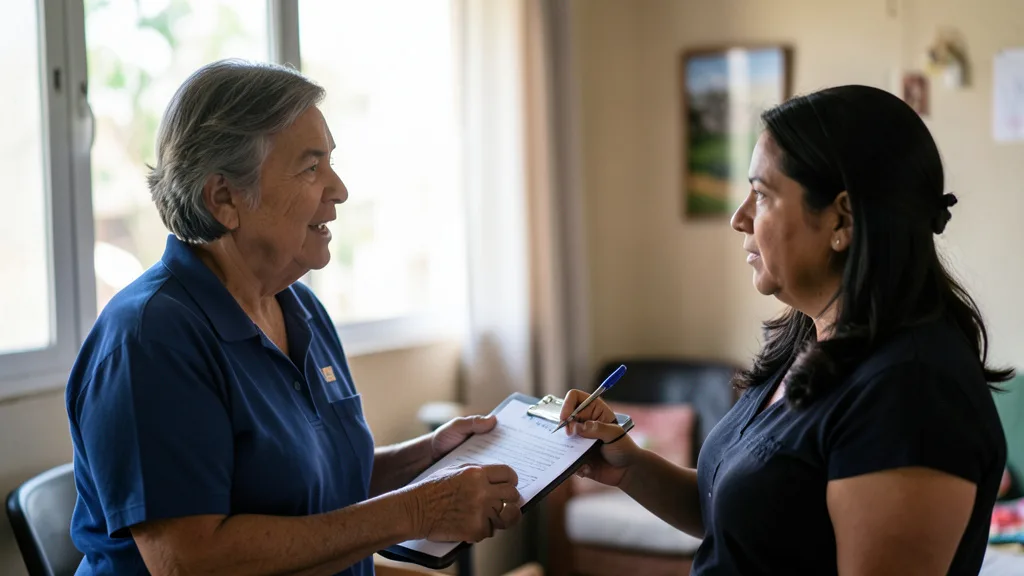 Imagem gerada por IA: Entrevistador conversa com uma eleitora em uma pesquisa domiciliar no Tocantins.