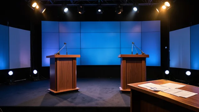 Imagem gerada por IA: Palco de debate eleitoral com dois púlpitos vazios e iluminação de estúdio.