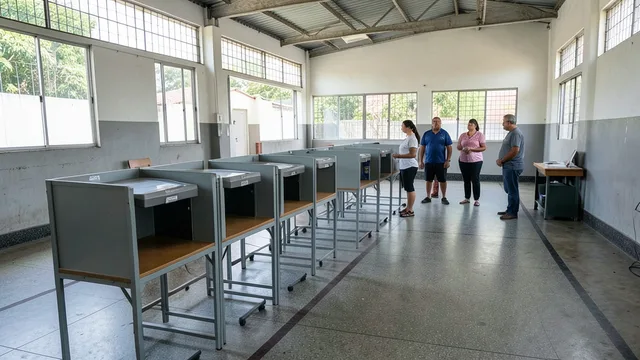 Imagem gerada por IA: Eleitores aguardam em fila diante de urnas em um local de votação.