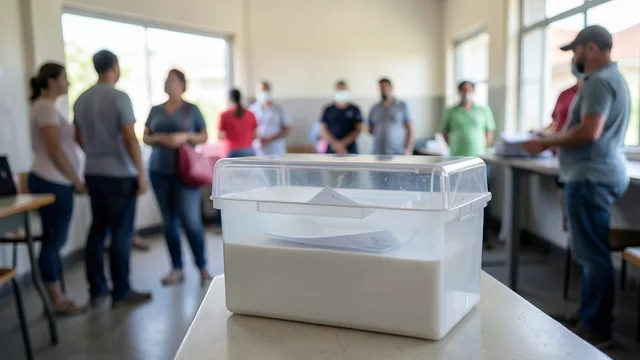 Imagem gerada por IA: Urna eleitoral em uma seção de votação, com eleitores ao fundo.