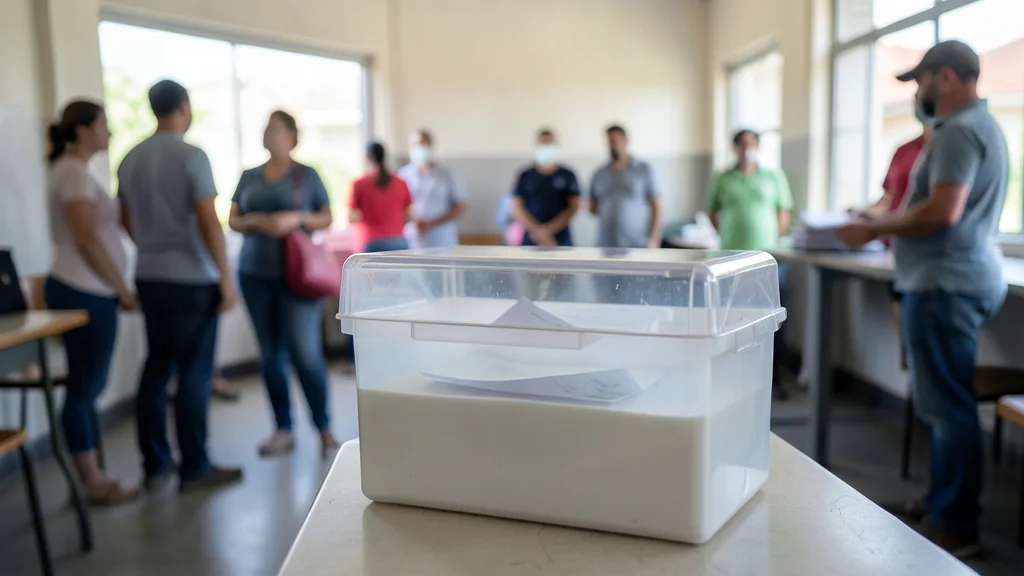Imagem gerada por IA: Urna eleitoral em uma seção de votação, com eleitores ao fundo.