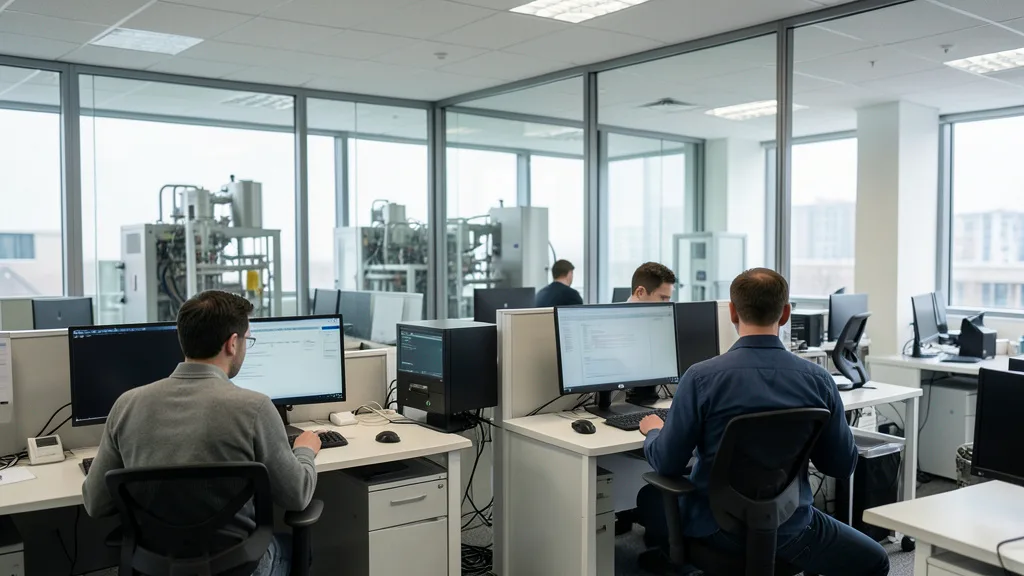 Imagem gerada por IA: Área de trabalho em uma empresa de semicondutores, com funcionários vistos de costas.