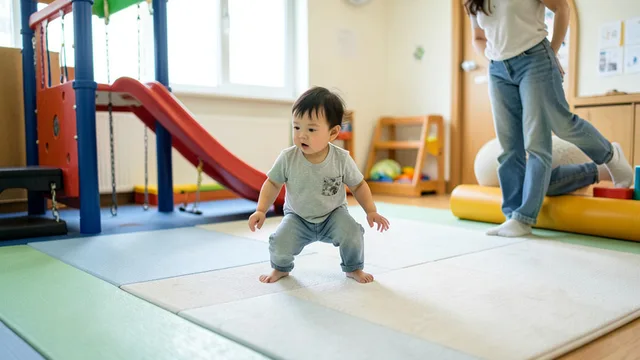 Imagem gerada por IA: Criança brinca em espaço escolar com piso protegido e supervisão de uma cuidadora.