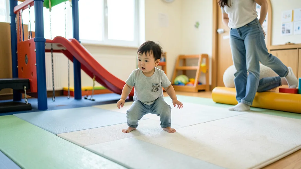 Imagem gerada por IA: Criança brinca em espaço escolar com piso protegido e supervisão de uma cuidadora.