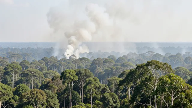 Imagem gerada por IA: Fumaça cobre a copa de uma área de floresta amazônica.