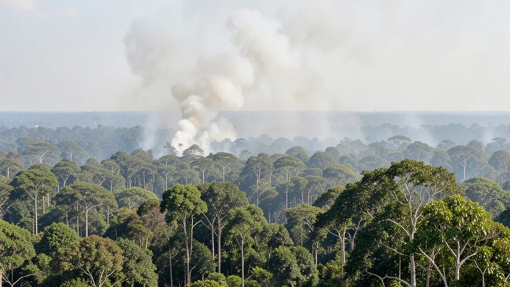 Imagem gerada por IA: Fumaça cobre a copa de uma área de floresta amazônica.