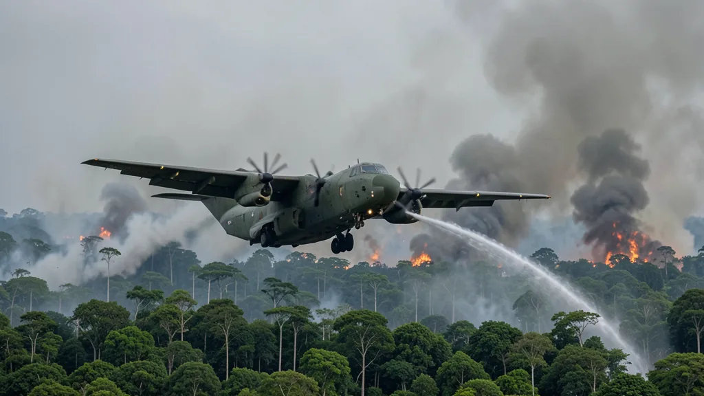 Imagem gerada por IA: Avião cargueiro lança água sobre uma área de floresta tomada por fumaça no Amazonas.