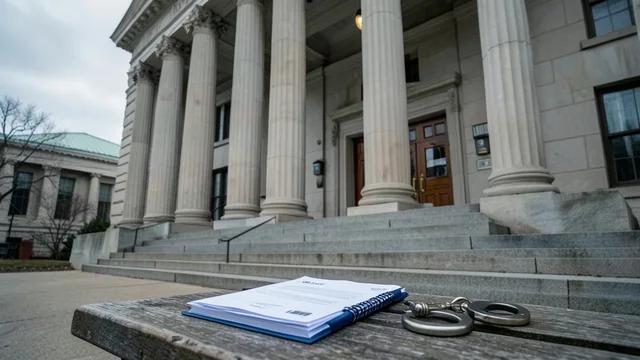 Imagem gerada por IA: Fachada de um tribunal federal com um processo fechado e algemas em primeiro plano.