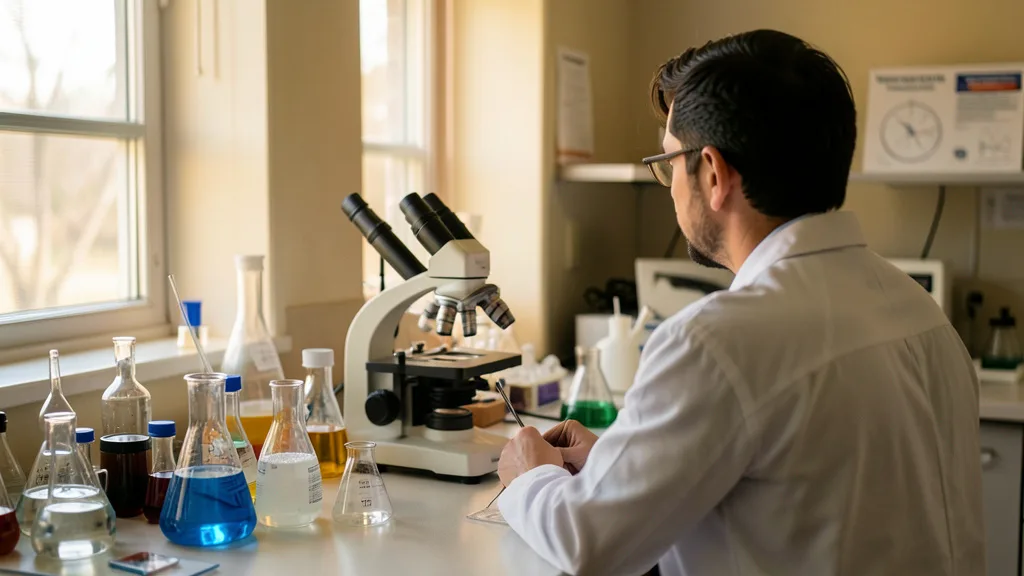 Imagem gerada por IA: Laboratório de pesquisa oncológica com microscópio e uma pesquisadora analisando amostras.