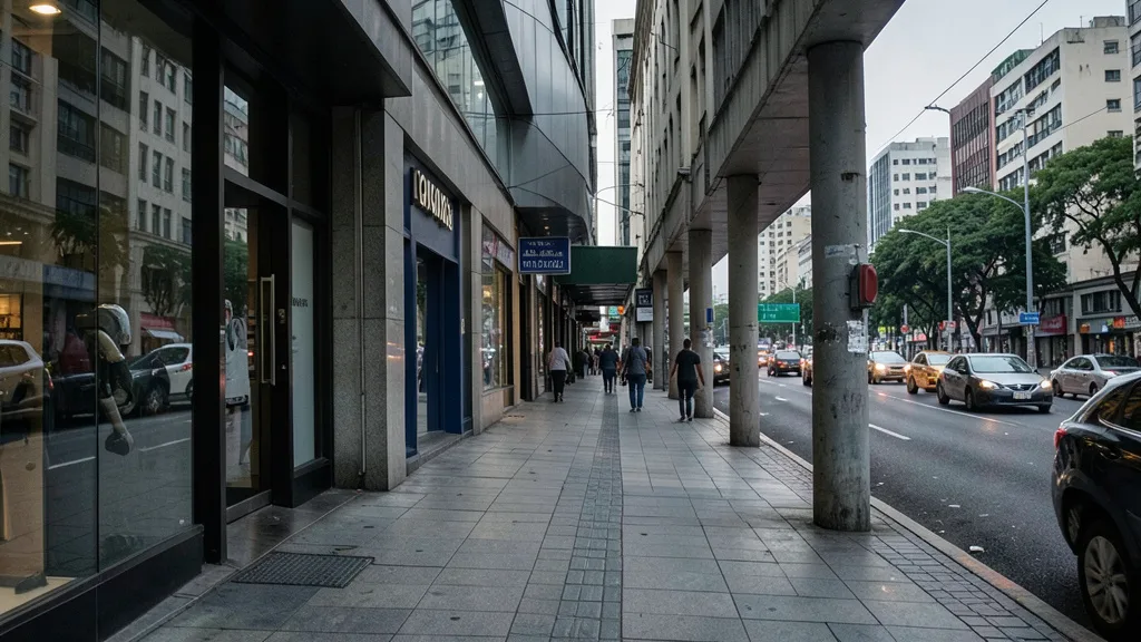 Imagem gerada por IA: Calçada de uma avenida movimentada próxima a um shopping em São Paulo.