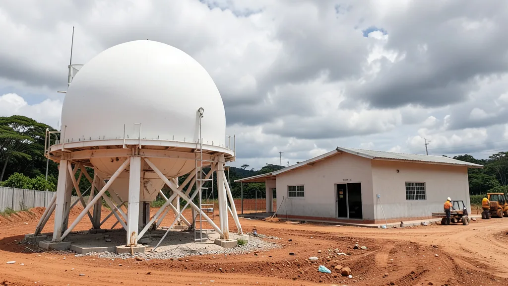 Imagem gerada por IA: Obras de instalação de um radar meteorológico em área municipal de Alegrete, sob céu nublado.