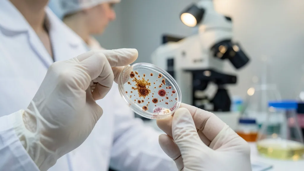 Imagem gerada por IA: Pesquisador observa uma cultura bacteriana em uma placa de laboratório.