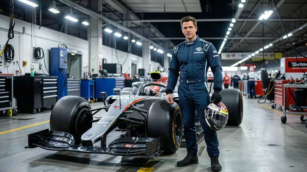 Imagem gerada por IA: Piloto brasileiro ao lado de um carro de Fórmula 1 em um pit lane.