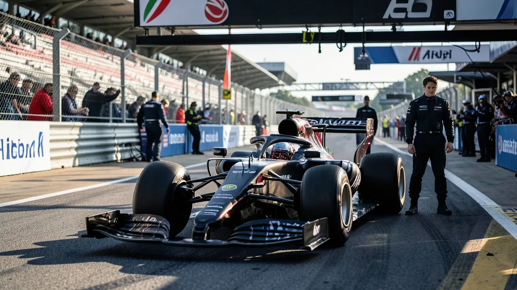 Imagem gerada por IA: Carro de Fórmula 1 na pista e piloto com uniforme no pit lane.