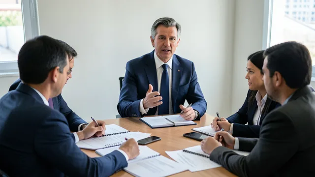 Imagem gerada por IA: Rafael Fonteles conversa com integrantes de uma equipe em uma sala de planejamento.