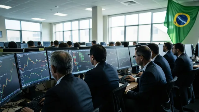 Imagem gerada por IA: Operadores acompanham o mercado financeiro em uma sala de negociação.