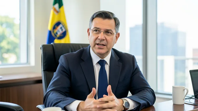 Imagem gerada por IA: Rafael Fonteles fala durante uma entrevista em um ambiente institucional.