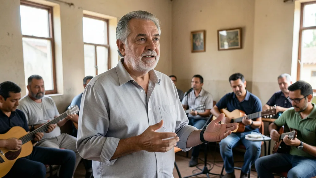Imagem gerada por IA: Rafael Greca conversa com músicos em um encontro cultural.