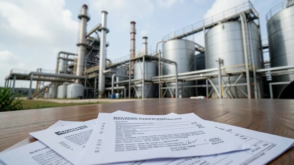 Imagem gerada por IA: Documentos financeiros diante de uma usina de energia e biocombustíveis.