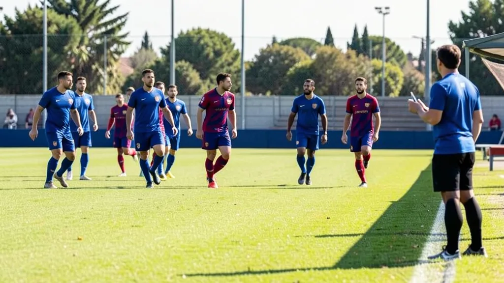Imagem gerada por IA: Jogadores treinam em um campo de futebol, enquanto um técnico acompanha a atividade à beira do gramado.