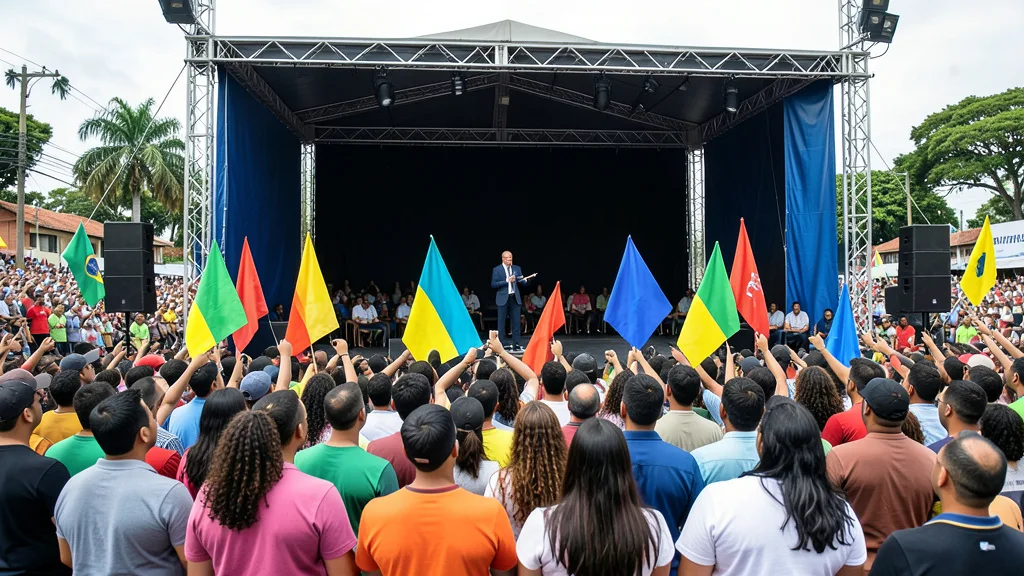 Imagem gerada por IA: Público acompanha um ato de campanha política em Curitiba.