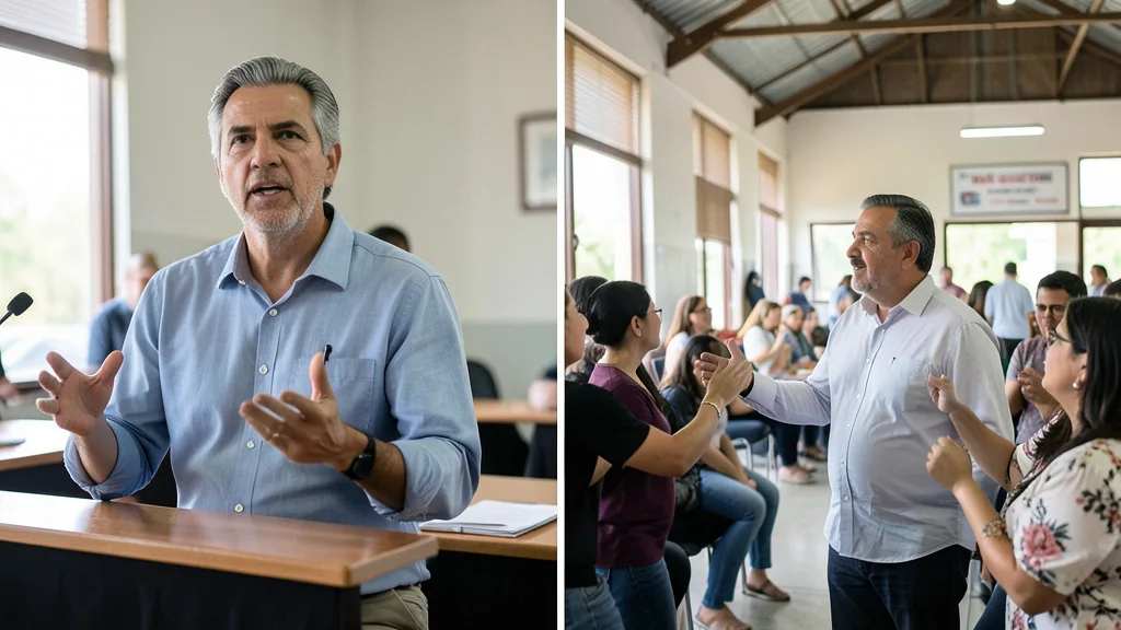 Imagem gerada por IA: Dois eventos políticos distintos, com homens discursando diante de apoiadores.