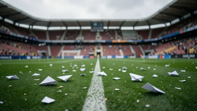 Imagem gerada por IA: Aviõezinhos de papel espalhados no gramado do estádio de Vallecas após a suspensão da partida.