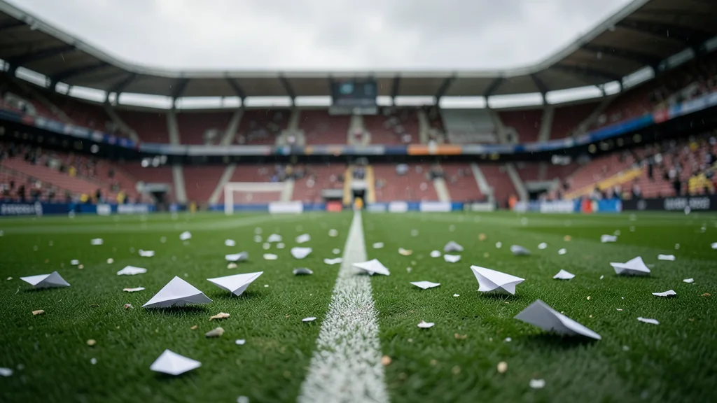 Imagem gerada por IA: Aviõezinhos de papel espalhados no gramado do estádio de Vallecas após a suspensão da partida.