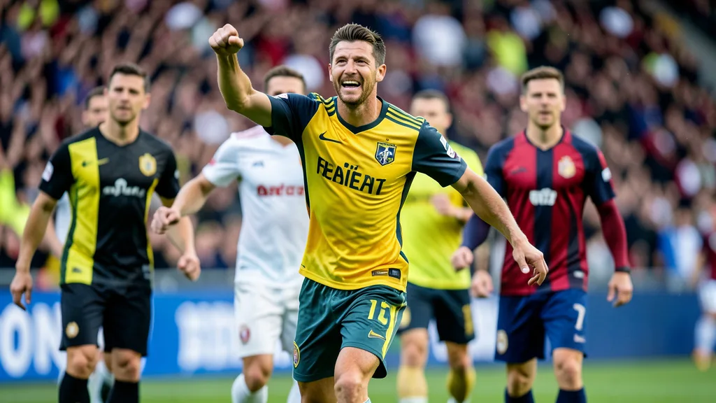 Imagem gerada por IA: Jogadores do Leipzig comemoram um gol em um estádio lotado.