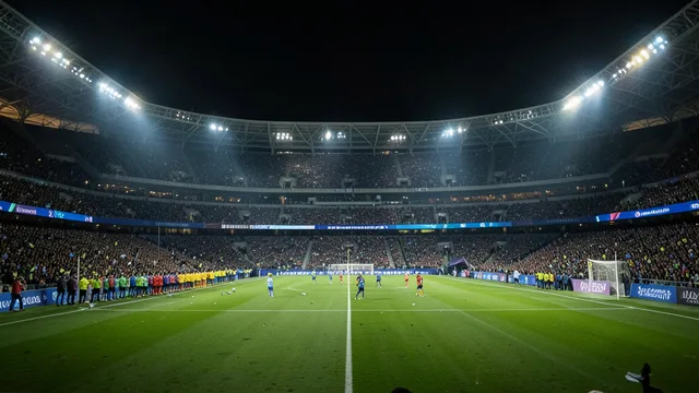 Imagem gerada por IA: O estádio Santiago Bernabéu iluminado antes de uma partida noturna de futebol.