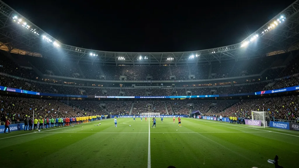 Imagem gerada por IA: O estádio Santiago Bernabéu iluminado antes de uma partida noturna de futebol.