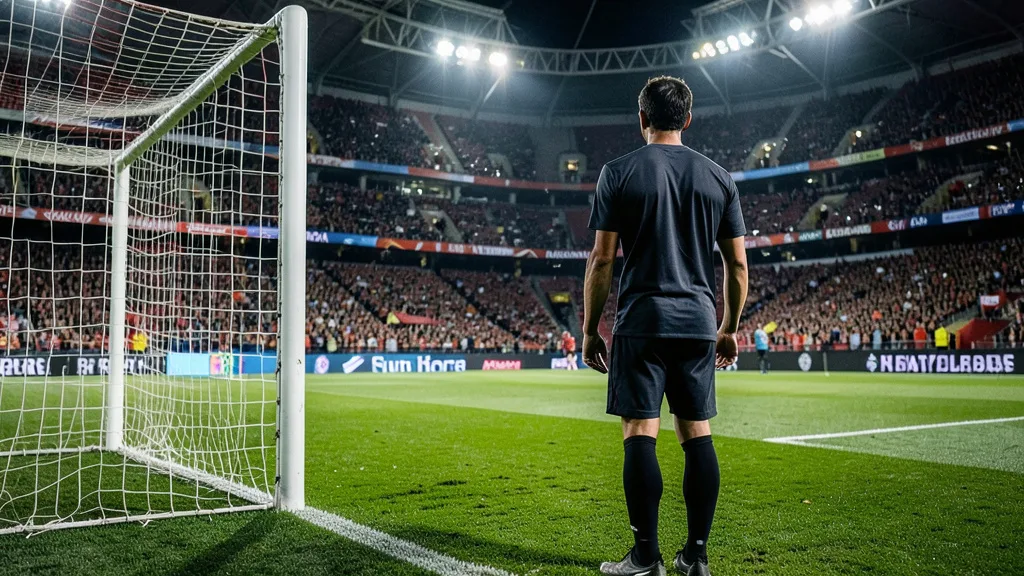 Imagem gerada por IA: Goleiro diante do gol em um estádio lotado antes de uma partida de futebol.