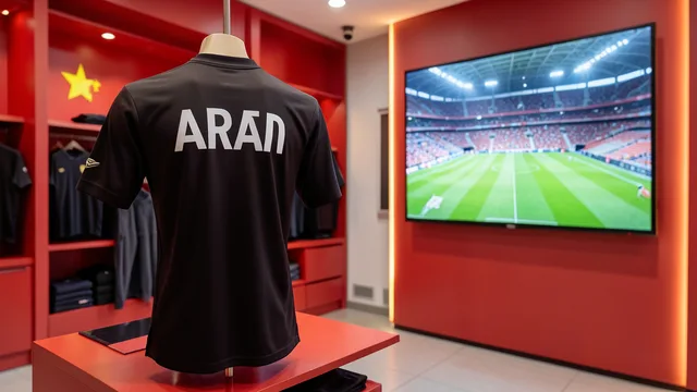 Imagem gerada por IA: Camisa de futebol sem nome em uma loja, com a imagem de um estádio vazio ao fundo.