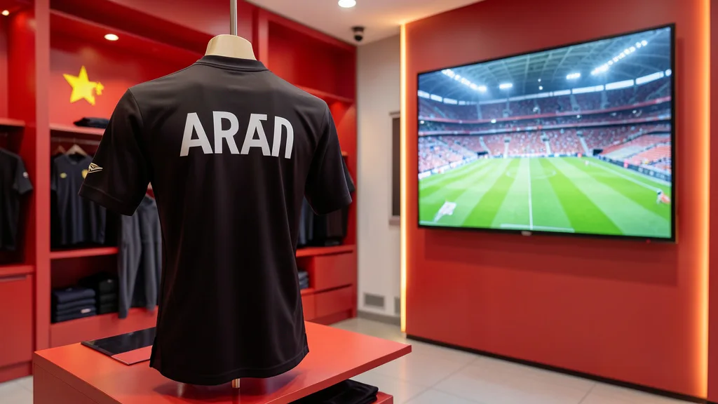 Imagem gerada por IA: Camisa de futebol sem nome em uma loja, com a imagem de um estádio vazio ao fundo.