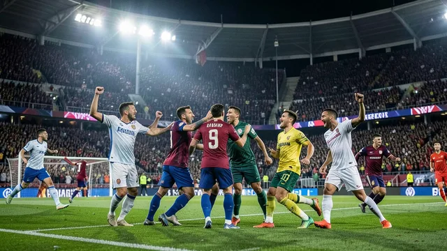Imagem gerada por IA: Jogadores comemoram um gol decisivo em uma partida de futebol com estádio lotado.