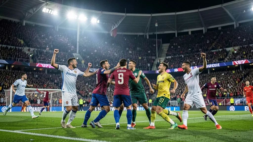 Imagem gerada por IA: Jogadores comemoram um gol decisivo em uma partida de futebol com estádio lotado.